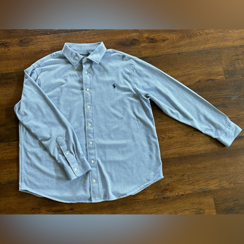Polo Ralph Lauren Shirt Mens 2XB Blue Herringbone Knit Dress Shirt Long Sleeve